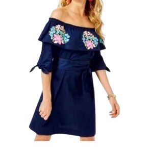 NEW Lilly Pulitzer Embroidered Vanessa Dress Off Shoulder Shift True Navy